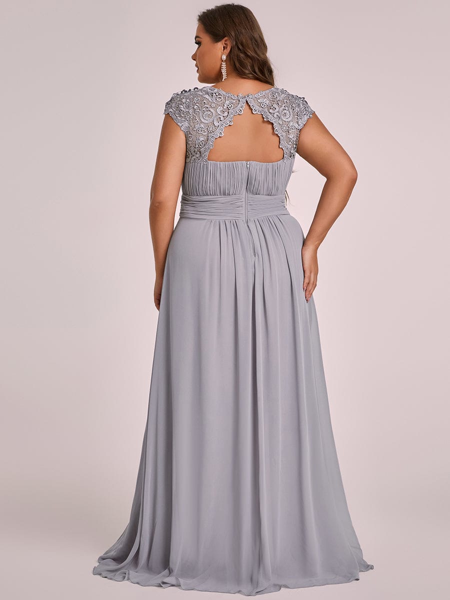 Custom Size Elegant Maxi Long Lace Cap Sleeve Bridesmaid Dress #color_Grey