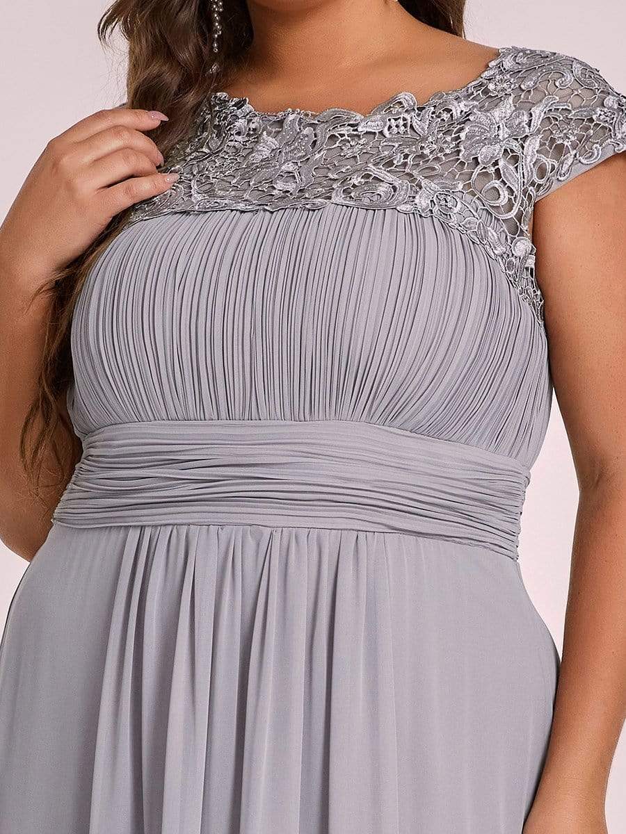 Plus Size Elegant Maxi Long Lace Cap Sleeve Bridesmaid Dress #color_Grey 