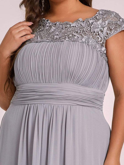 Plus Size Elegant Maxi Long Lace Cap Sleeve Bridesmaid Dress #color_Grey 