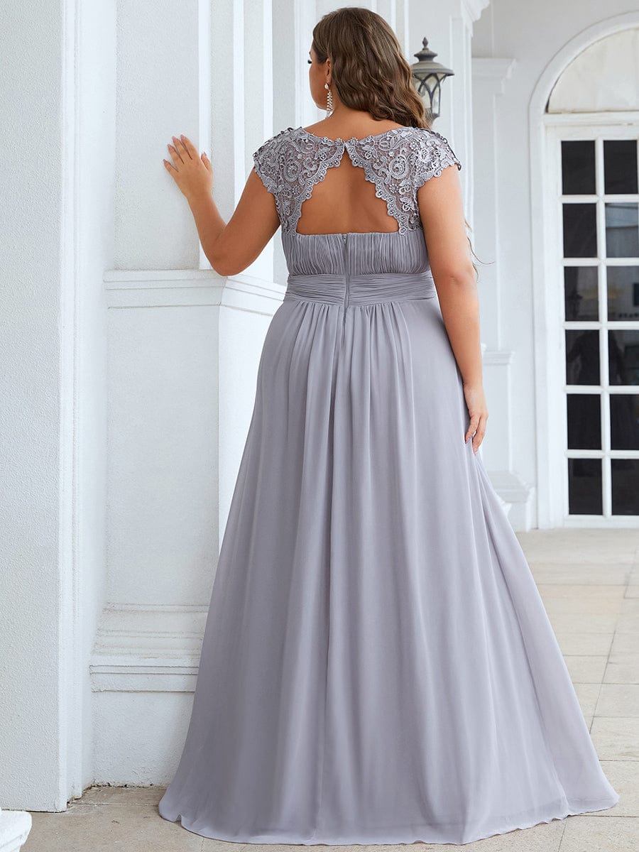 Elegant Floor-Length Lace Cap Sleeve Bridesmaid Dress #color_Grey