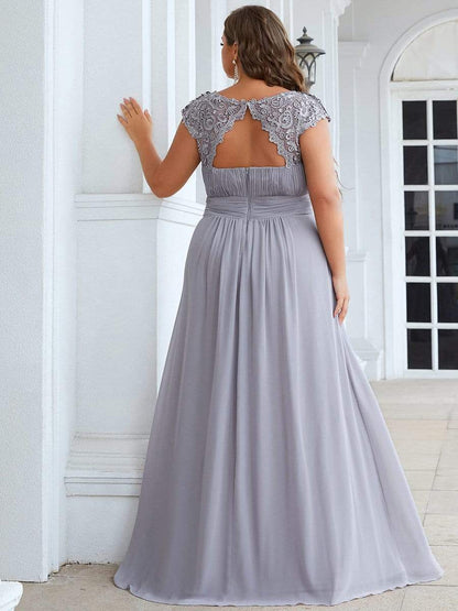 Plus Size Elegant Maxi Long Lace Cap Sleeve Bridesmaid Dress #color_Grey 