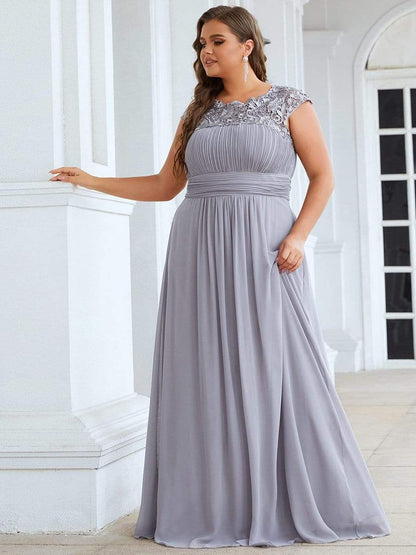 Plus Size Elegant Maxi Long Lace Cap Sleeve Bridesmaid Dress #color_Grey 