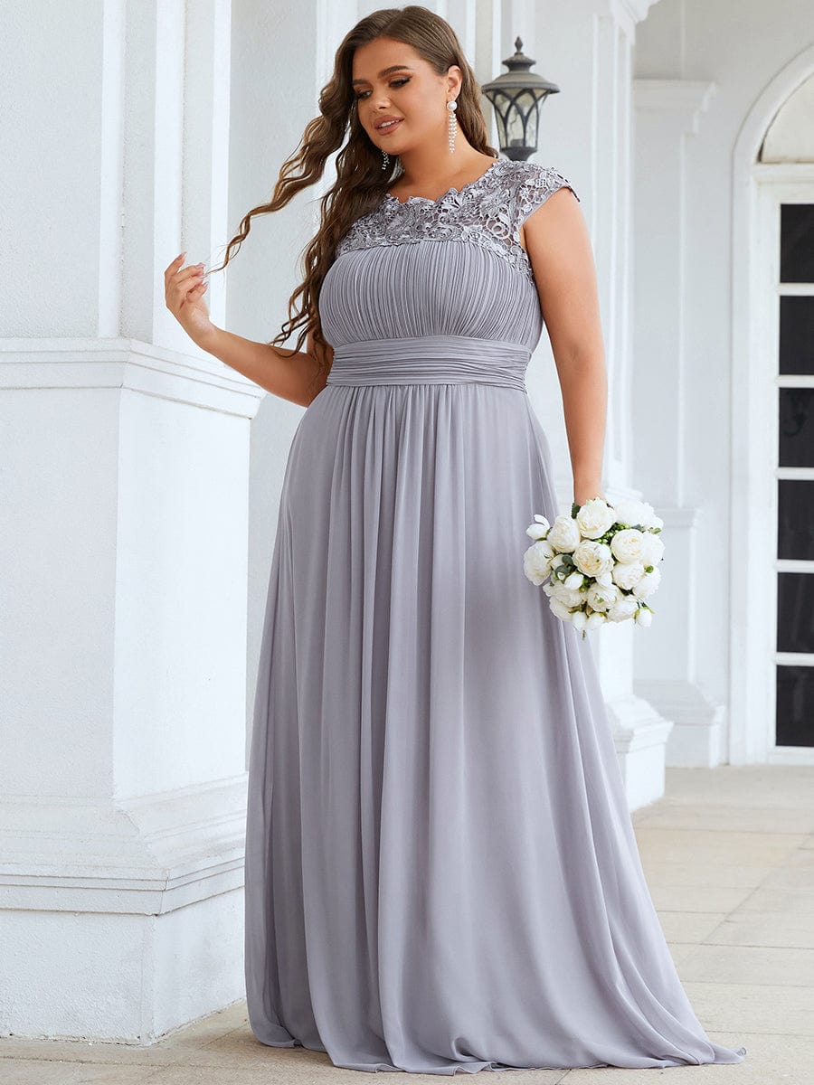 Elegant Floor-Length Lace Cap Sleeve Bridesmaid Dress #color_Grey