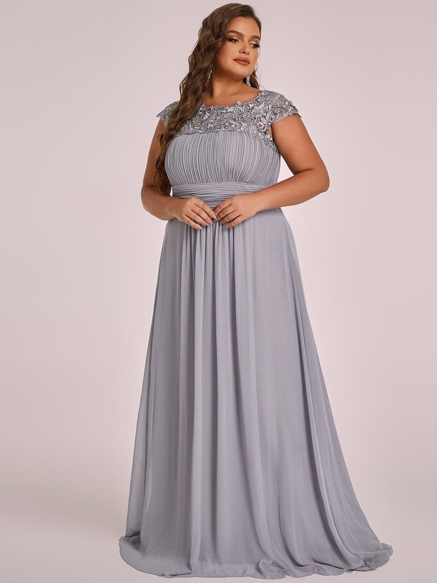 Custom Size Elegant Maxi Long Lace Cap Sleeve Bridesmaid Dress #color_Grey