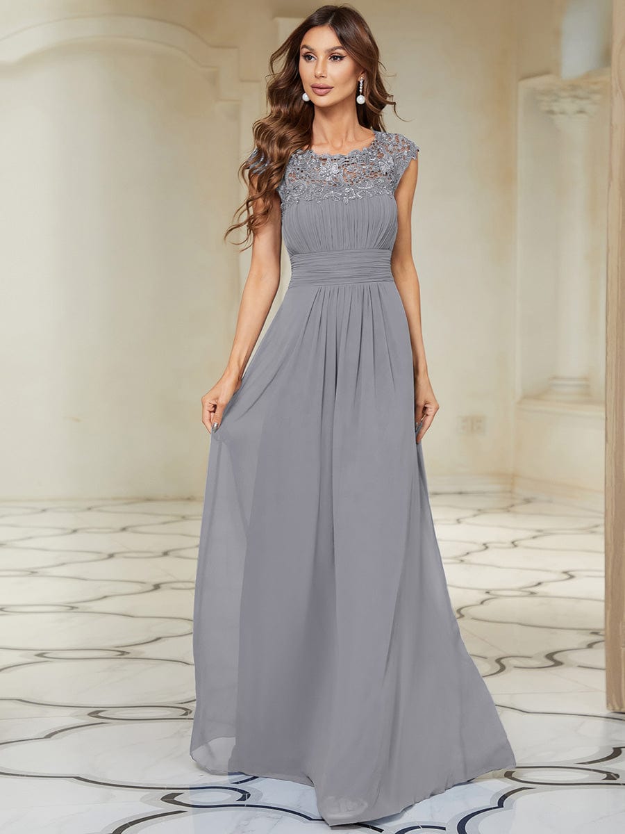 Elegant Floor-Length Lace Cap Sleeve Bridesmaid Dress #color_Grey