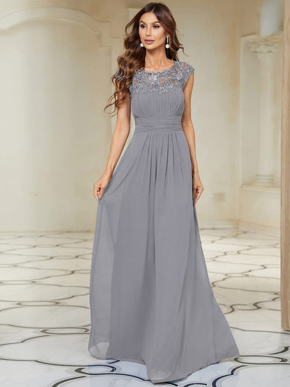 Classic Maxi Long Lace Cap Sleeve Bridesmaid Dress #color_Grey