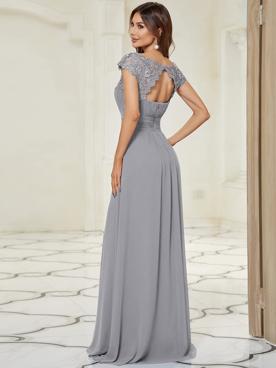 Classic Maxi Long Lace Cap Sleeve Bridesmaid Dress #color_Grey