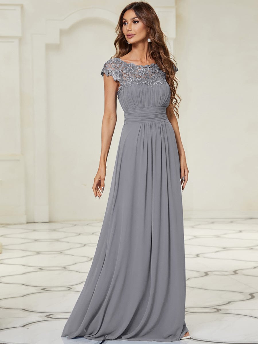 Classic Maxi Long Lace Cap Sleeve Bridesmaid Dress #color_Grey