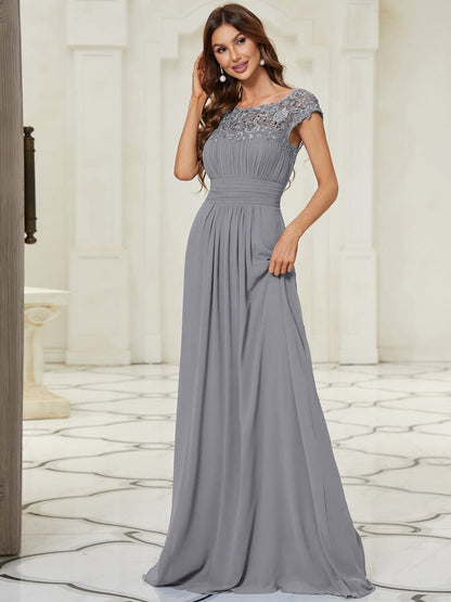 Elegant Floor-Length Lace Cap Sleeve Bridesmaid Dress #color_Grey