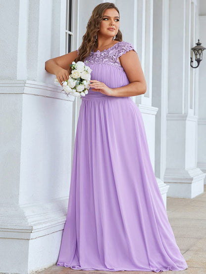 Custom Size Elegant Maxi Long Lace Cap Sleeve Bridesmaid Dress #color_Lavender