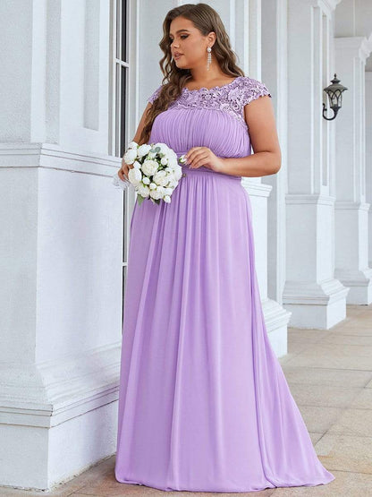 Plus Size Elegant Maxi Long Lace Cap Sleeve Bridesmaid Dress #color_Lavender 