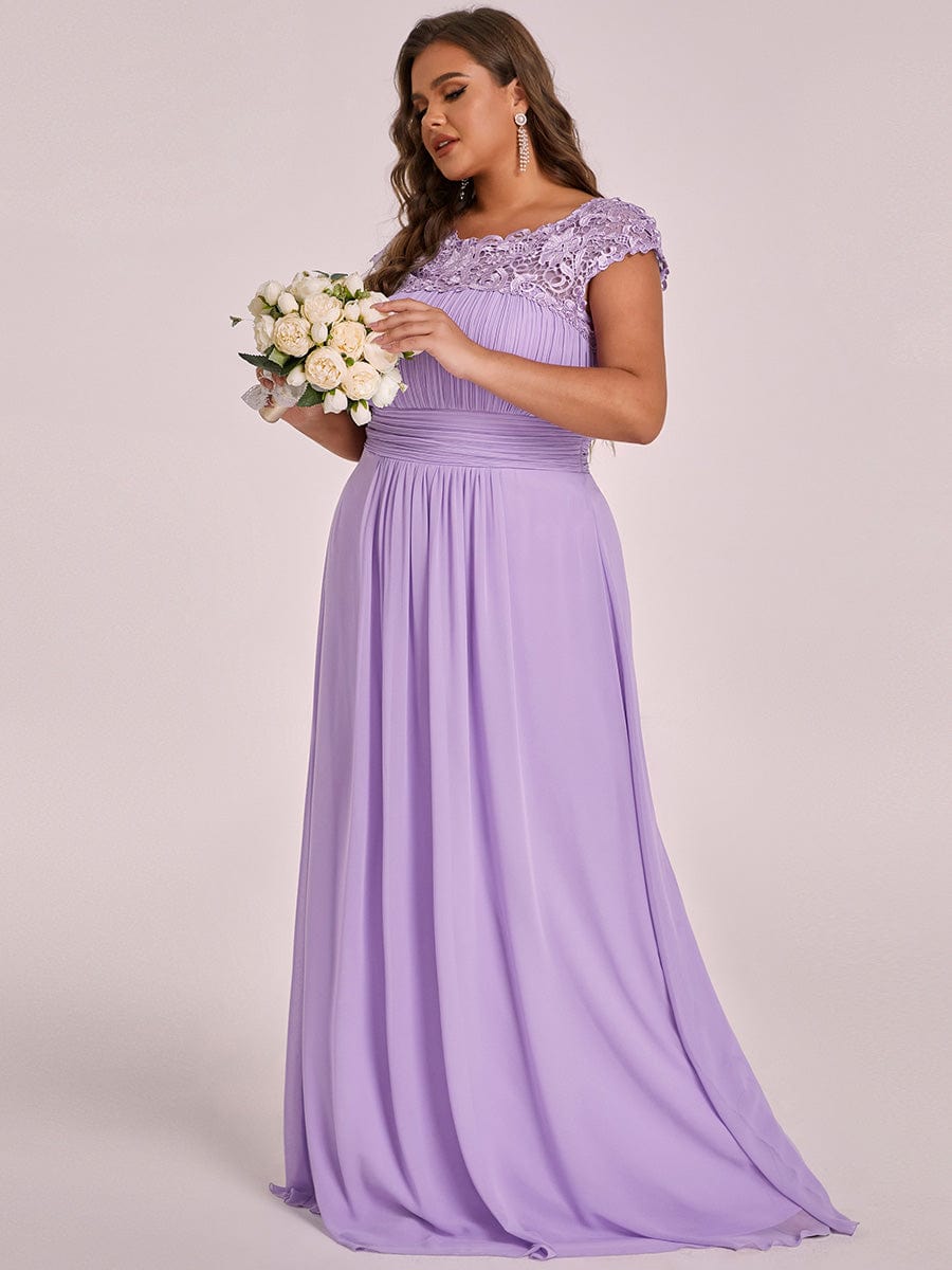 Custom Size Elegant Maxi Long Lace Cap Sleeve Bridesmaid Dress #color_Lavender