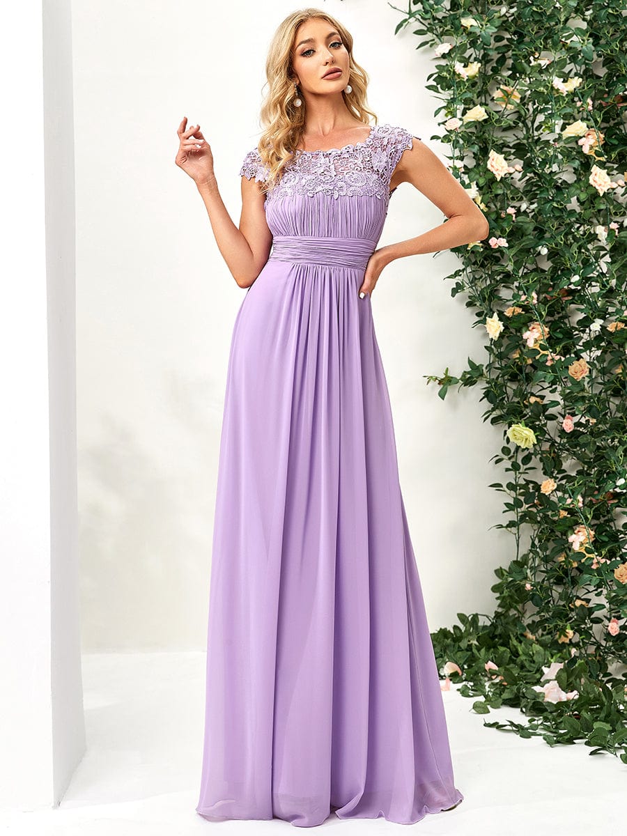 Classic Maxi Long Lace Cap Sleeve Bridesmaid Dress #color_Lavender