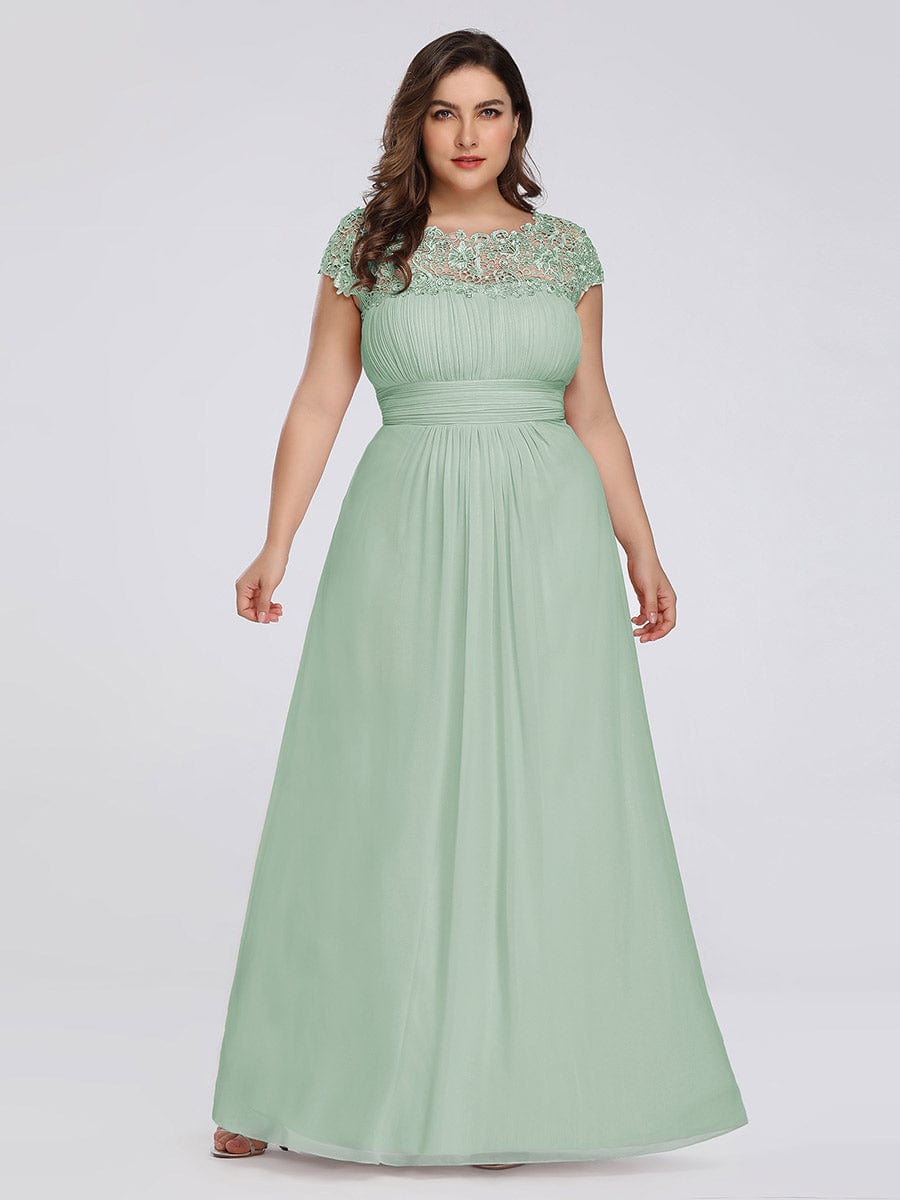 Custom Size Elegant Maxi Long Lace Cap Sleeve Bridesmaid Dress #color_Mint Green