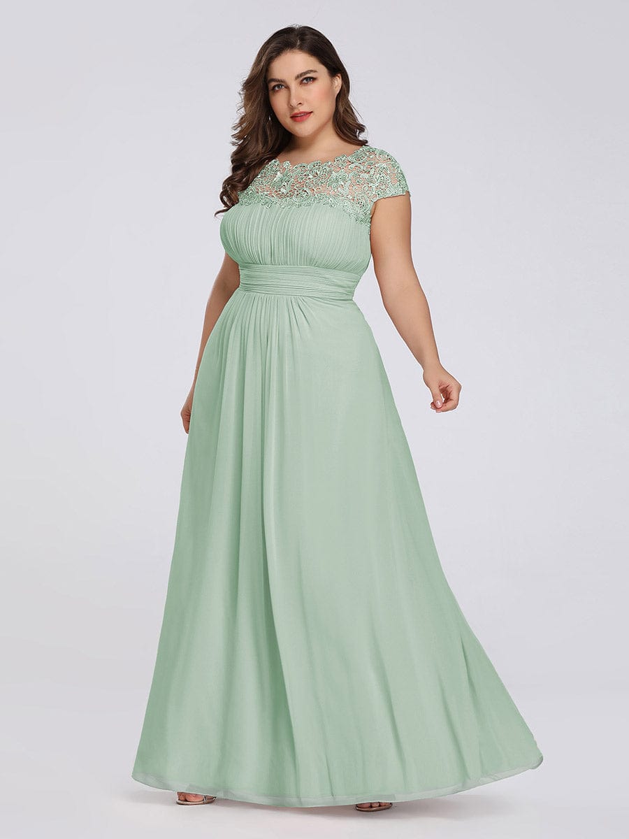 Custom Size Elegant Maxi Long Lace Cap Sleeve Bridesmaid Dress #color_Mint Green