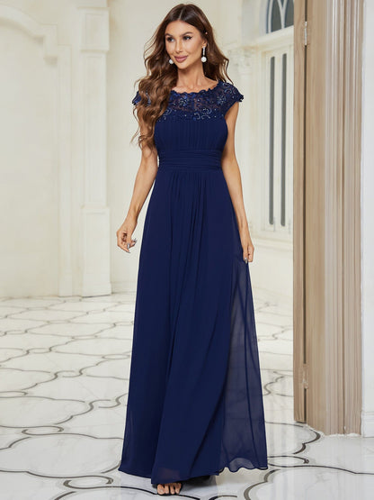 Maxi Lace Cap Sleeve Long Formal Evening Dress #color_Navy Blue 