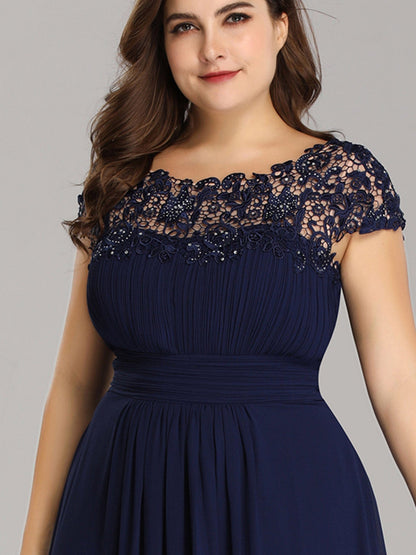 Maxi Lace Cap Sleeve Long Formal Evening Dress #color_Navy Blue 