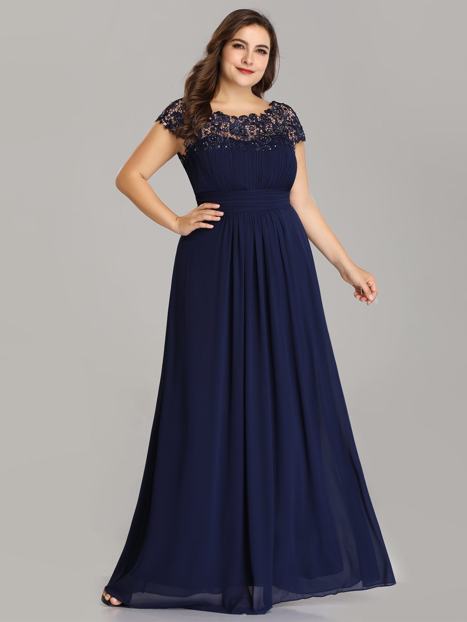 Maxi Lace Cap Sleeve Long Formal Evening Dress #color_Navy Blue 