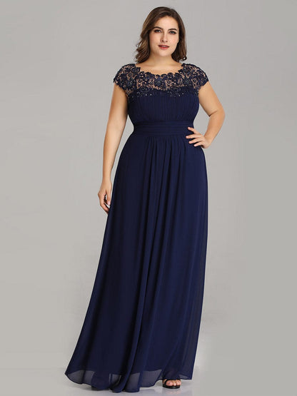 Custom Size Elegant Maxi Long Lace Cap Sleeve Bridesmaid Dress #color_Navy Blue