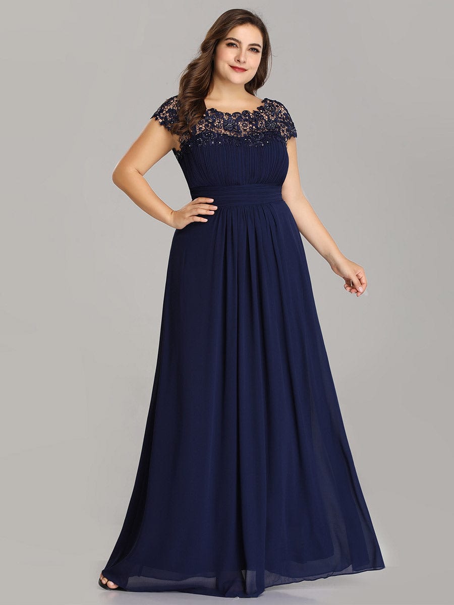 Custom Size Elegant Maxi Long Lace Cap Sleeve Bridesmaid Dress #color_Navy Blue