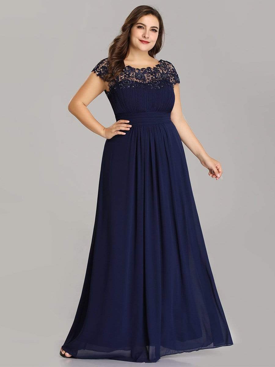 Plus Size Elegant Maxi Long Lace Cap Sleeve Bridesmaid Dress #color_Navy Blue 