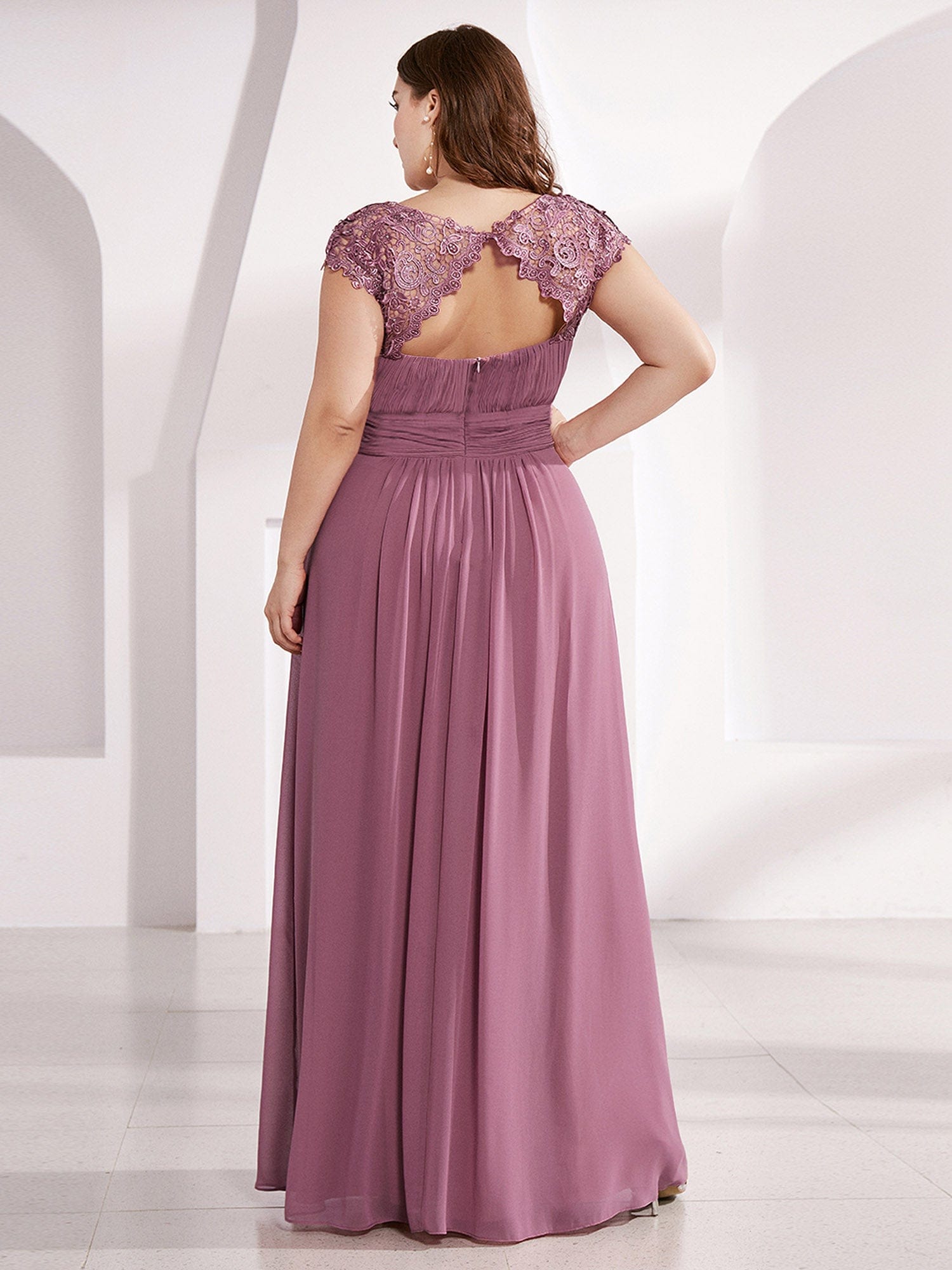 Maxi Lace Cap Sleeve Long Formal Evening Dress #color_Purple Orchid 