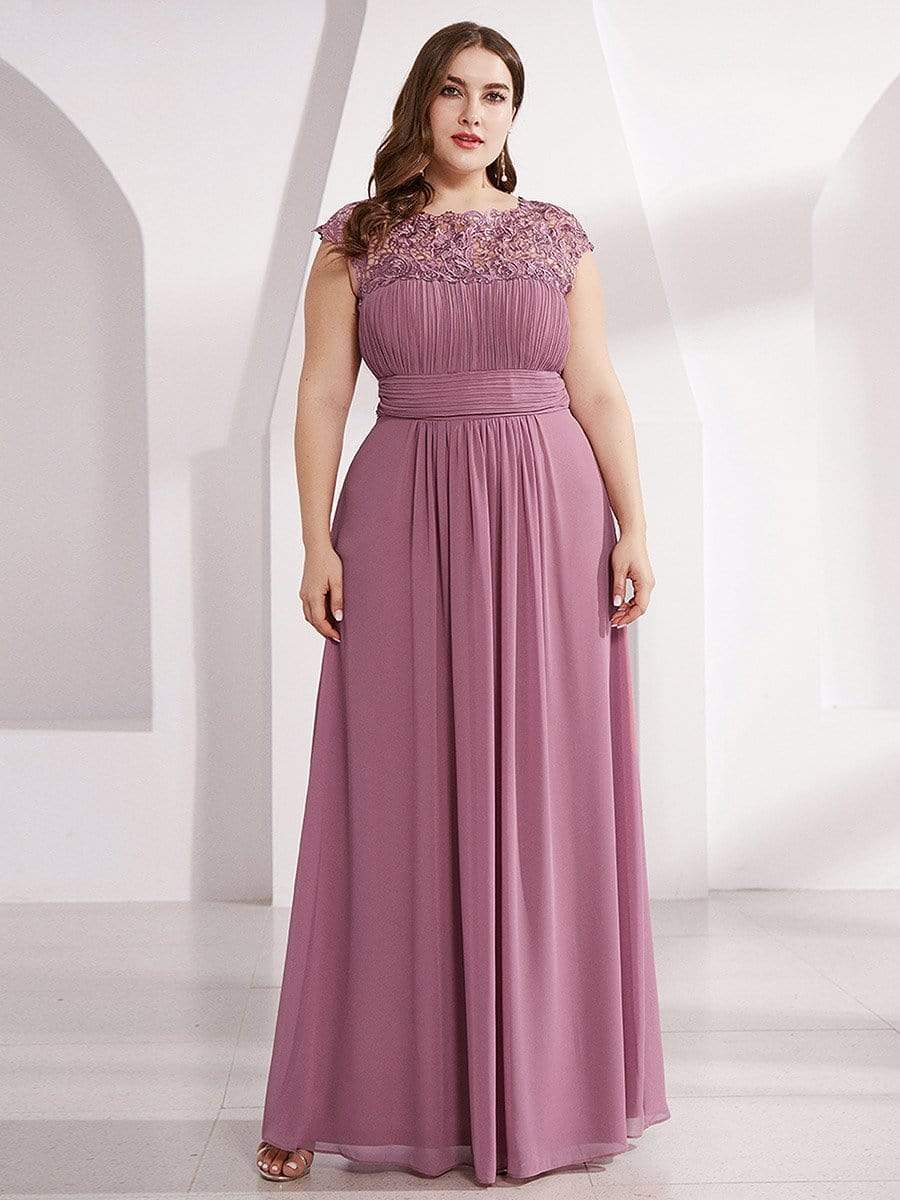 Plus Size Elegant Maxi Long Lace Cap Sleeve Bridesmaid Dress #color_Purple Orchid 