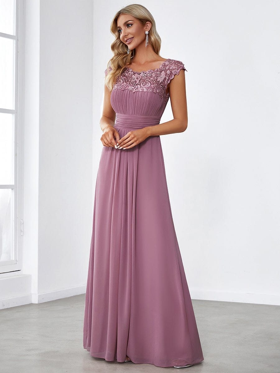 Elegant Maxi Long Lace Cap Sleeve Bridesmaid Dress #color_Purple Orchid