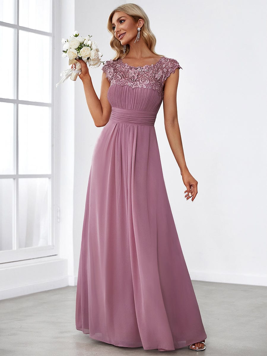 Maxi Lace Cap Sleeve Long Formal Evening Dress #color_Purple Orchid 