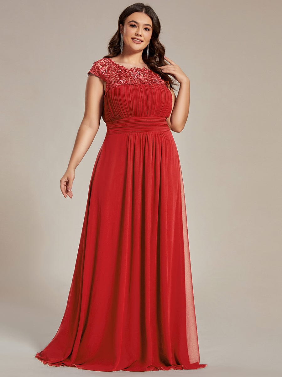 Elegant Floor-Length Lace Cap Sleeve Bridesmaid Dress #color_Red