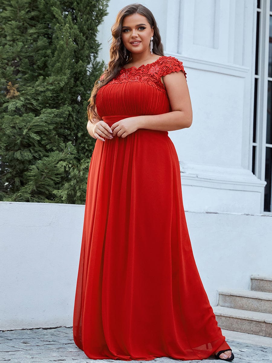 Custom Size Elegant Maxi Long Lace Cap Sleeve Bridesmaid Dress #color_Red