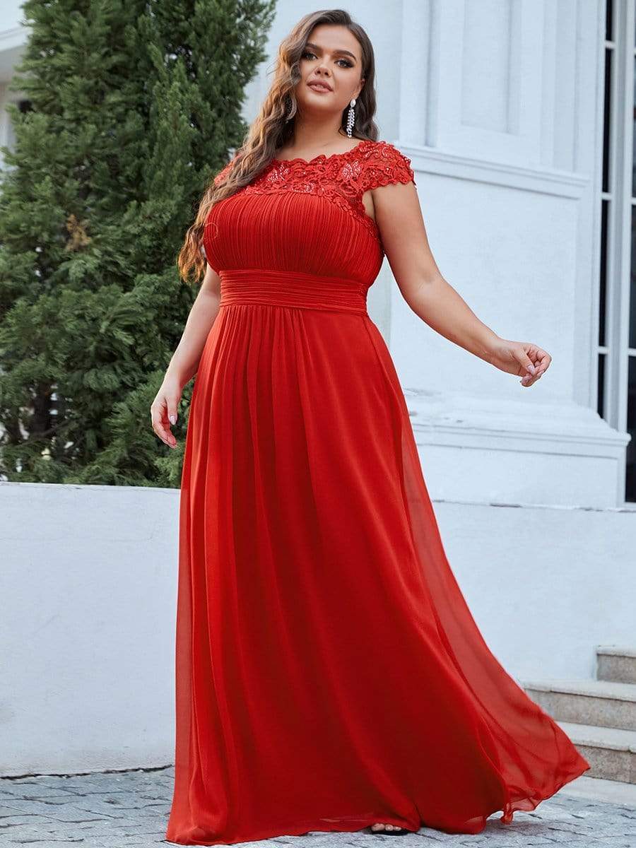 Plus Size Elegant Maxi Long Lace Cap Sleeve Bridesmaid Dress #color_Red 