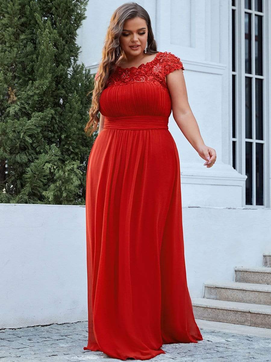 Plus Size Elegant Maxi Long Lace Cap Sleeve Bridesmaid Dress #color_Red 