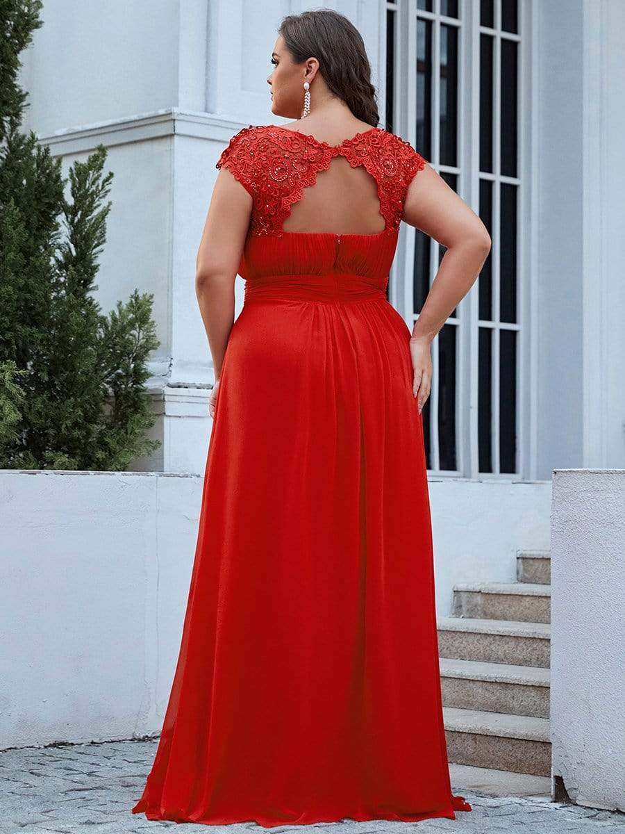 Plus Size Elegant Maxi Long Lace Cap Sleeve Bridesmaid Dress #color_Red 