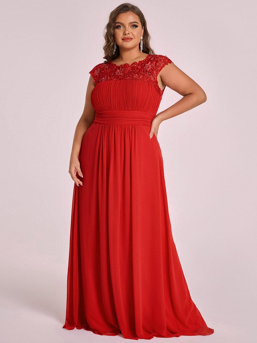 Custom Size Elegant Maxi Long Lace Cap Sleeve Bridesmaid Dress #color_Red