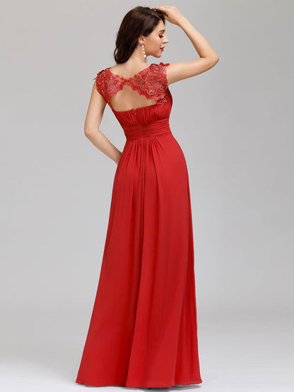 Elegant Floor-Length Lace Cap Sleeve Bridesmaid Dress #color_Red