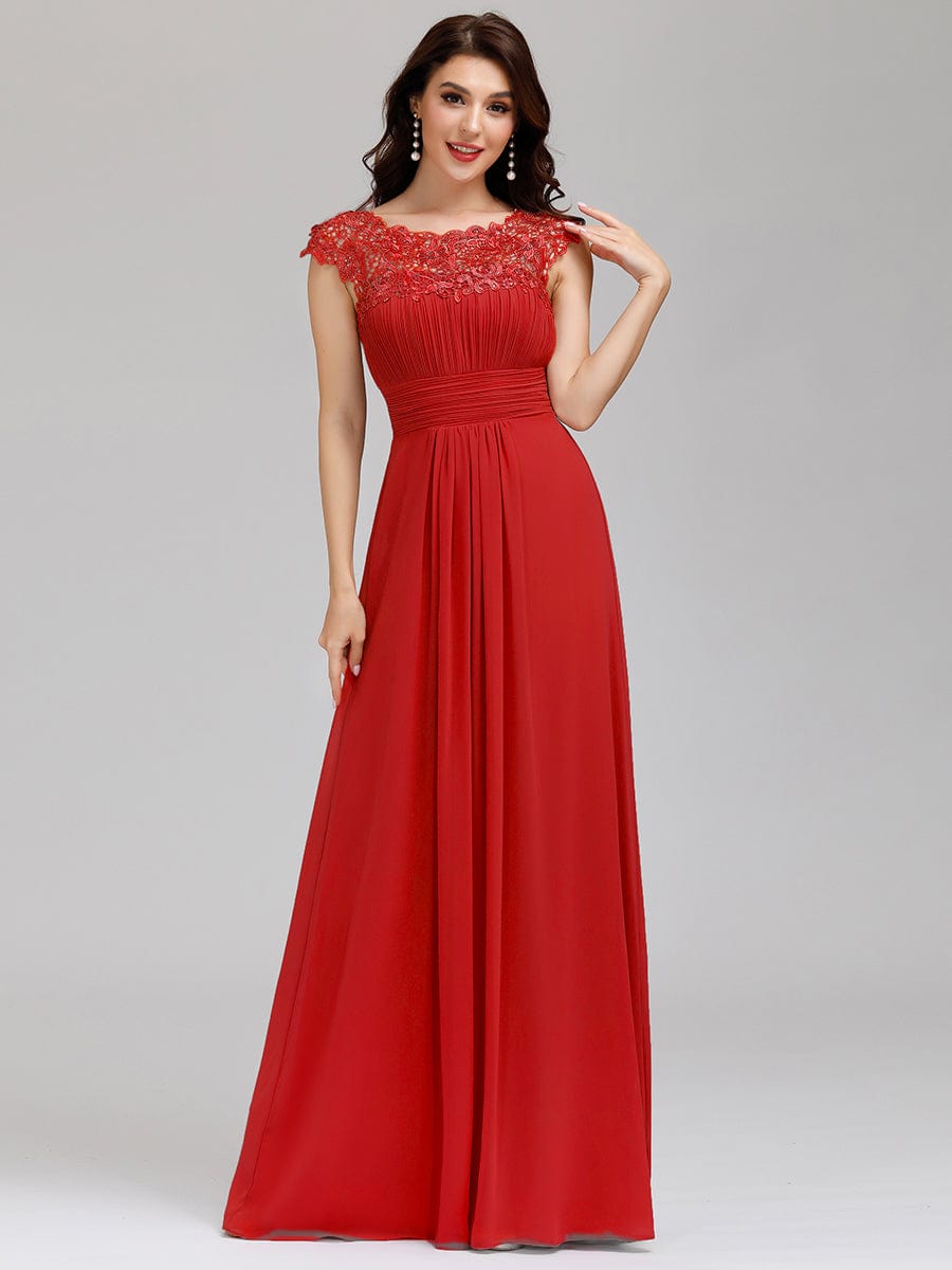 Elegant Floor-Length Lace Cap Sleeve Bridesmaid Dress #color_Red