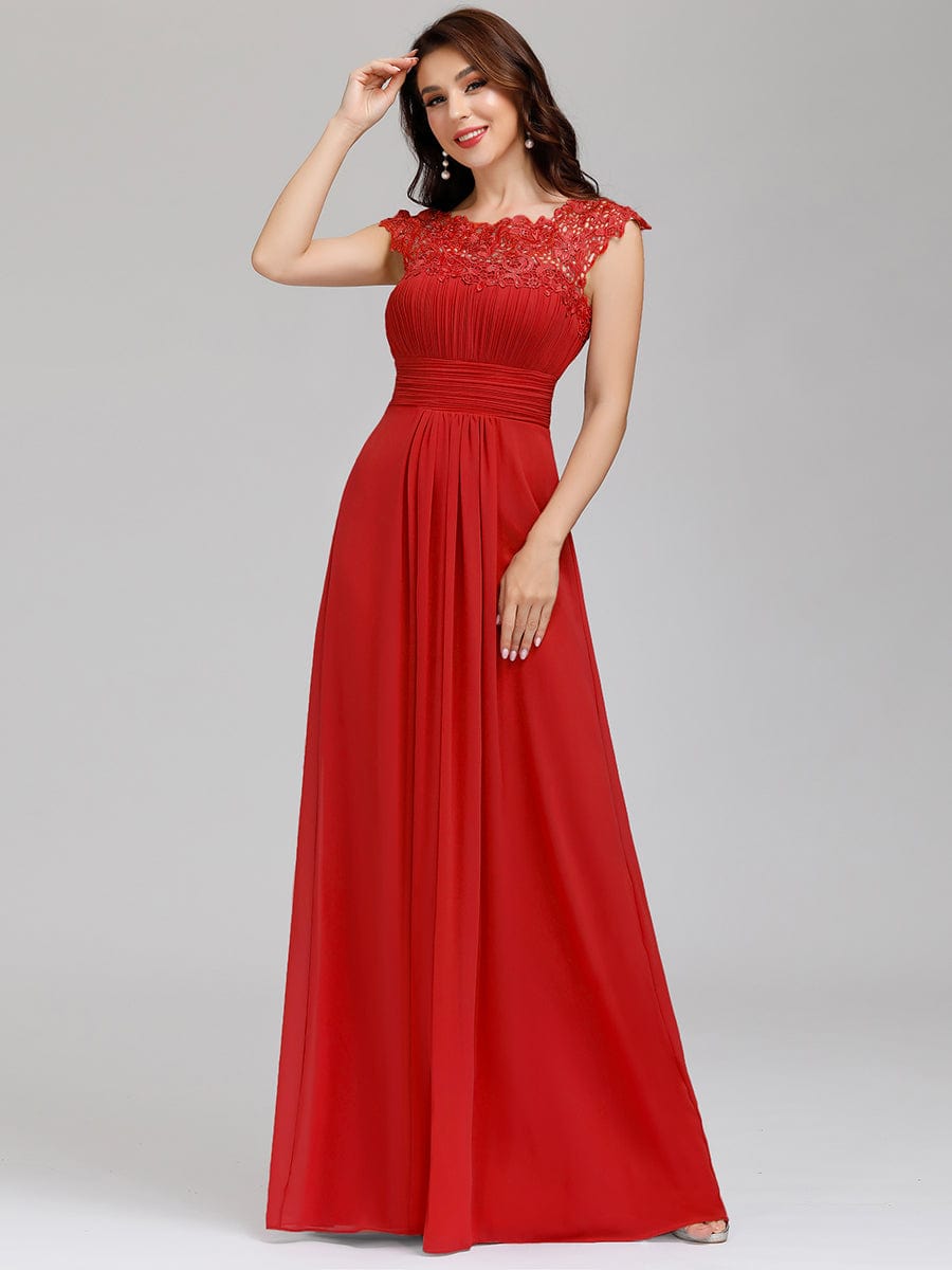 Elegant Floor-Length Lace Cap Sleeve Bridesmaid Dress #color_Red