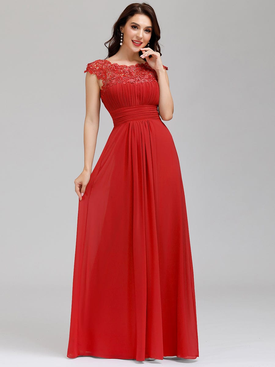 Elegant Floor-Length Lace Cap Sleeve Bridesmaid Dress #color_Red