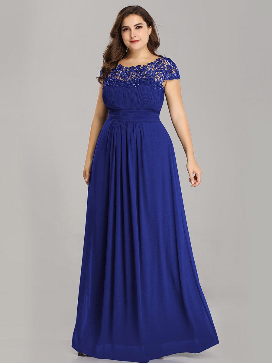 Classic Maxi Long Lace Cap Sleeve Bridesmaid Dress #color_Sapphire Blue