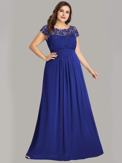 Plus Size Elegant Maxi Long Lace Cap Sleeve Bridesmaid Dress #color_Sapphire Blue 