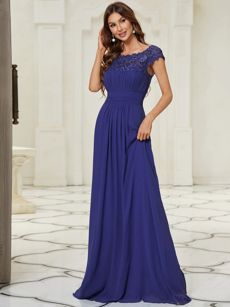 Classic Maxi Long Lace Cap Sleeve Bridesmaid Dress #color_Sapphire Blue