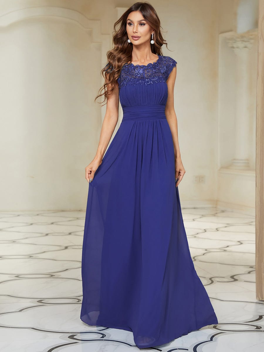 Classic Maxi Long Lace Cap Sleeve Bridesmaid Dress #color_Sapphire Blue