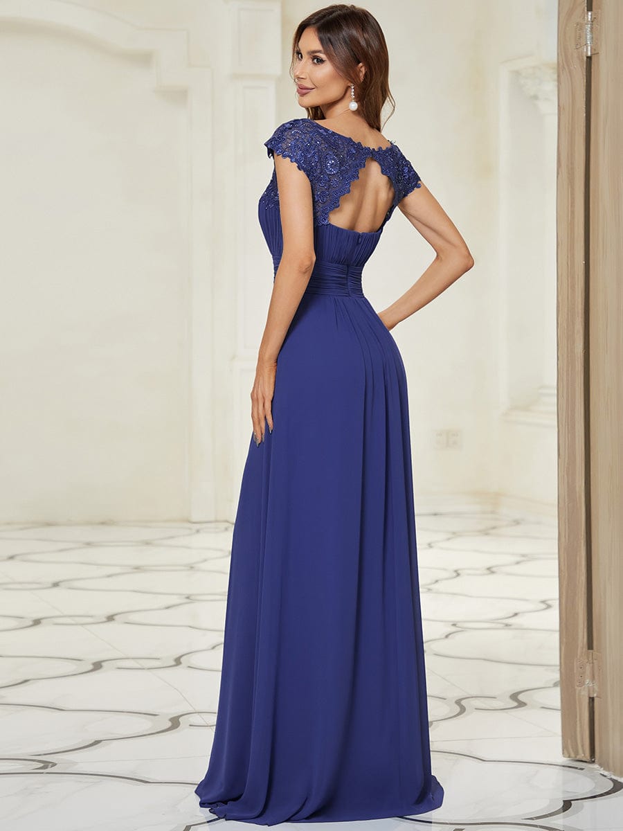 Classic Maxi Long Lace Cap Sleeve Bridesmaid Dress #color_Sapphire Blue