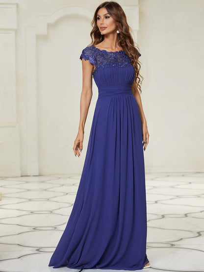 Classic Maxi Long Lace Cap Sleeve Bridesmaid Dress #color_Sapphire Blue