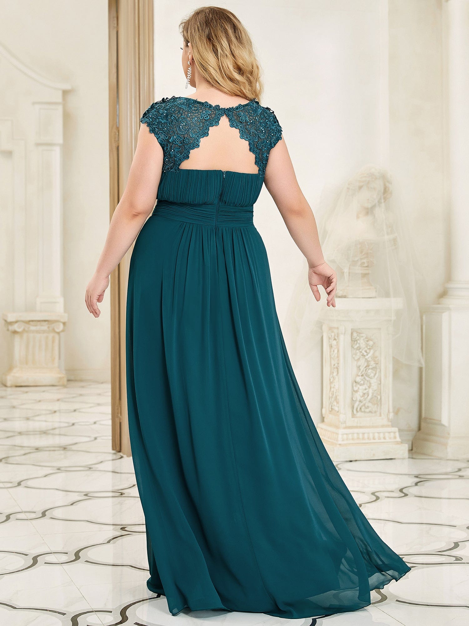 Maxi Lace Cap Sleeve Long Formal Evening Dress #color_Teal 