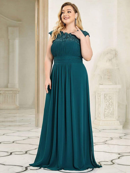 Plus Size Elegant Maxi Long Lace Cap Sleeve Bridesmaid Dress #color_Teal 