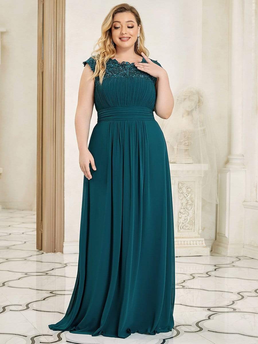 Plus Size Elegant Maxi Long Lace Cap Sleeve Bridesmaid Dress #color_Teal 