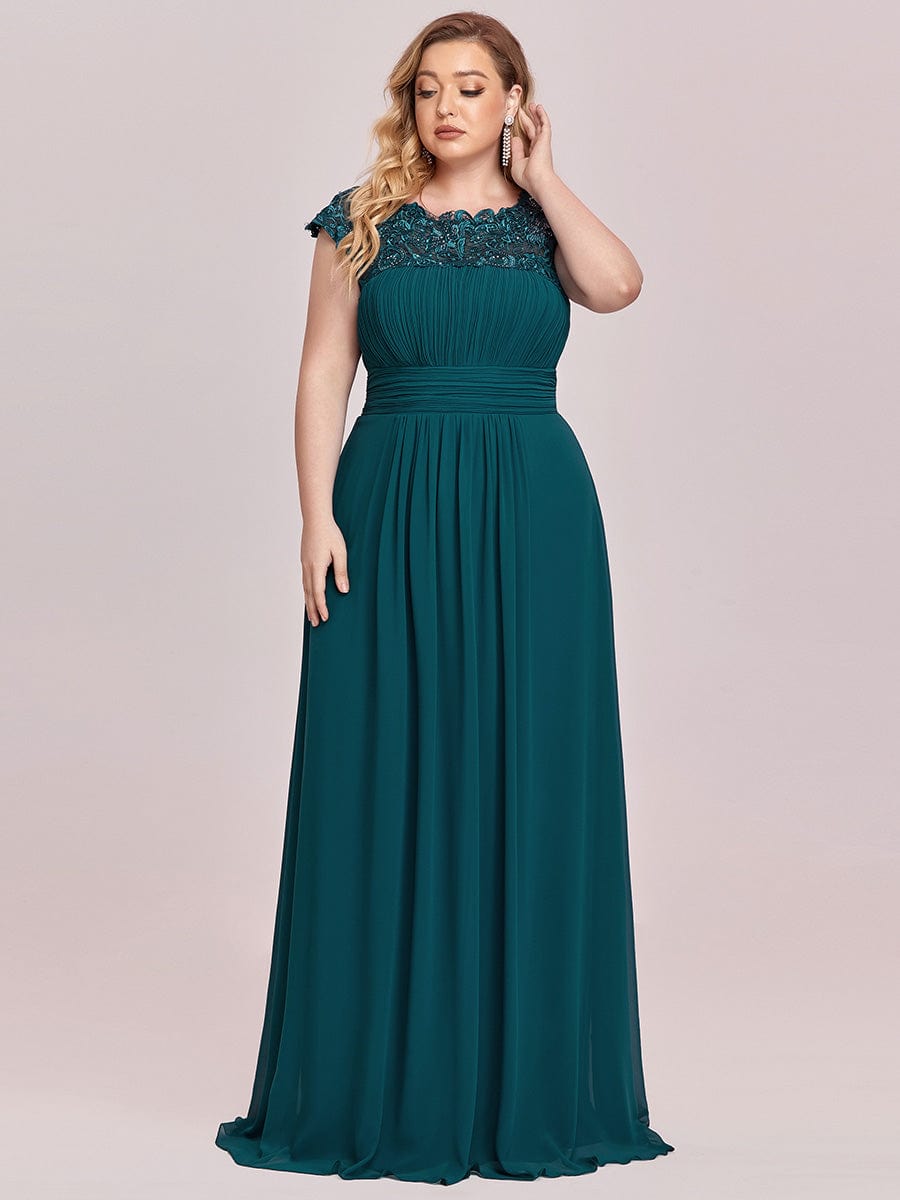 Custom Size Elegant Maxi Long Lace Cap Sleeve Bridesmaid Dress #color_Teal