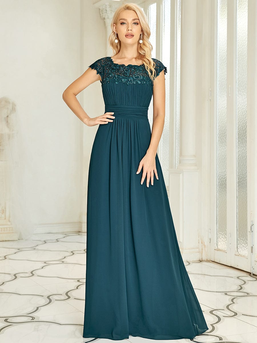 Maxi Lace Cap Sleeve Long Formal Evening Dress #color_Teal 